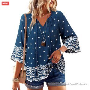 3/4 Sleeve V Neck Embroidered Blouse Casual Flowy Vacation Top